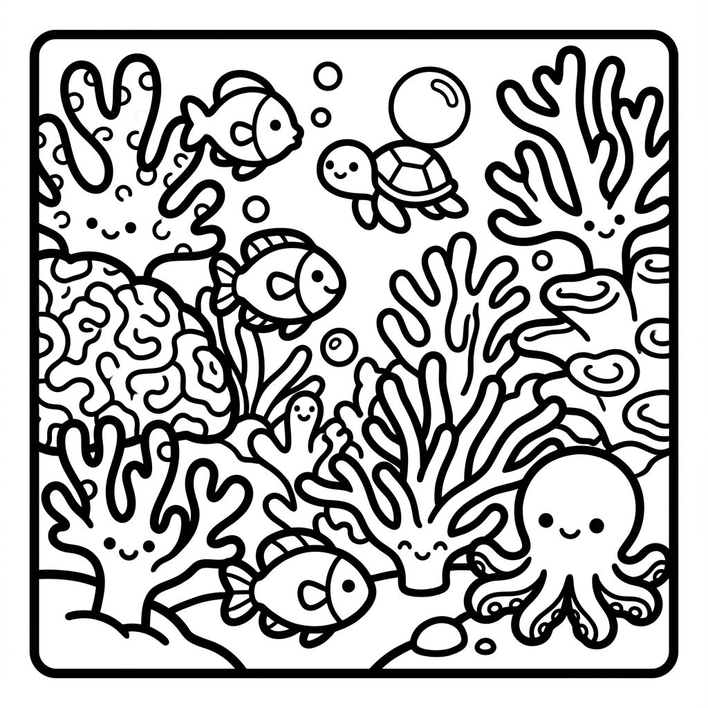 A vibrant coral reef scene with cute fish, a thick line coloring pages choice for low-detail coloring pages.
